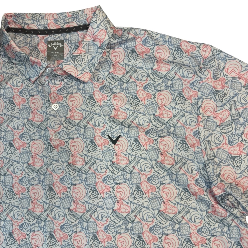 Callaway Opti-Dri Golf Polo Shirt XXL Blue Coral Pink Beer Mug Print Stretch - Picture 2 of 6
